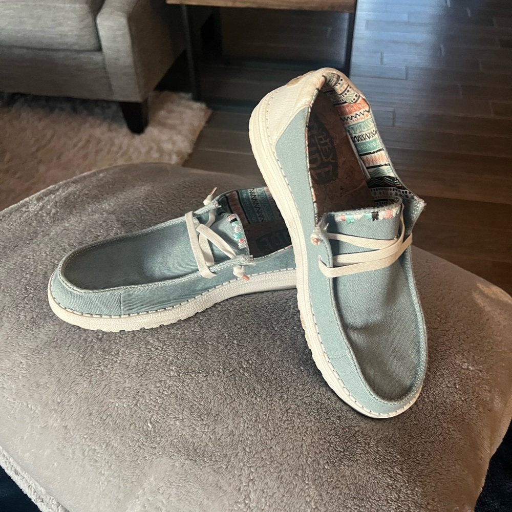 Hey Dude Blue and Cream Slip-On Loafers women’s size 8 - Picture 1 of 11